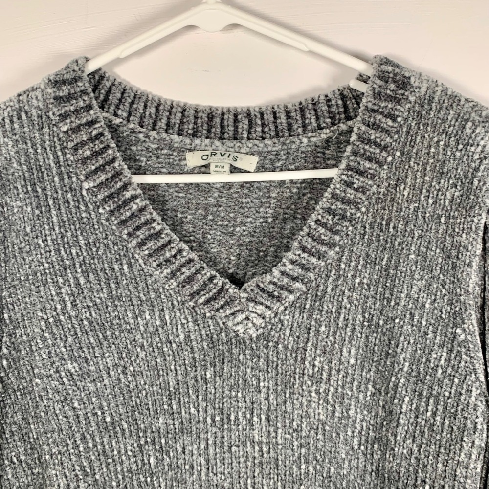 ORVIS V Neck Chenille‎ Sweater Women M Gray Soft Cozy Split Hem Tunic Classic - Picture 4 of 12
